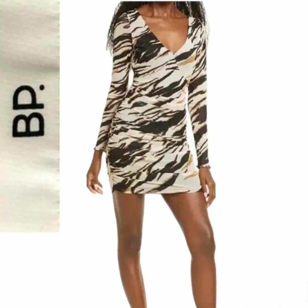 BP. Ruched Mesh Bodycon Mini Dress Tiger Stripe Beige/Black Long Sleeve XS